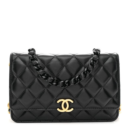 Lambskin Resin Quilted Wallet On Chain WOC Black