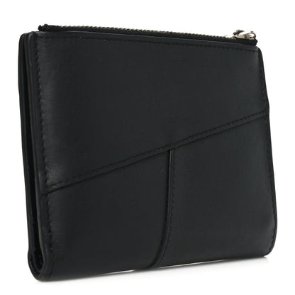 Calfskin Puzzle Zip Slim Compact Bi-Fold Wallet Black