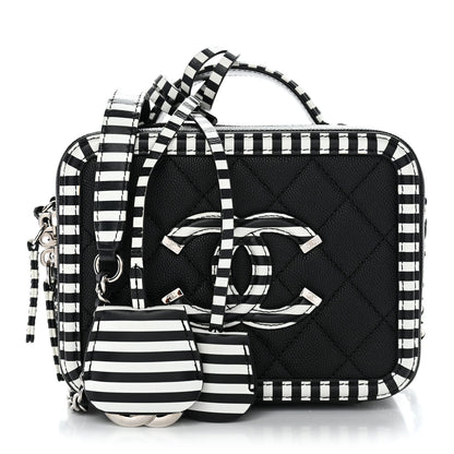 Caviar Quilted Striped Small CC Filigree Vanity Case Black White