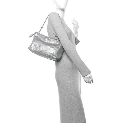 Metallic Nappa Calfskin Fringed Medium Chain Flamenco Knot Purse Silver