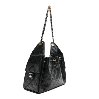 Shiny Crumpled Calfskin Quilted Small Chanel 25 Handbag Black