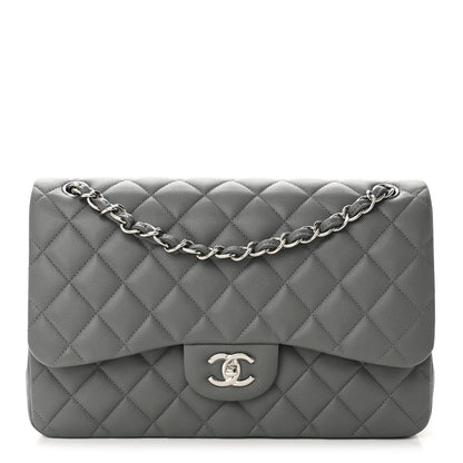 Caviar Quilted Jumbo Double Flap Grey