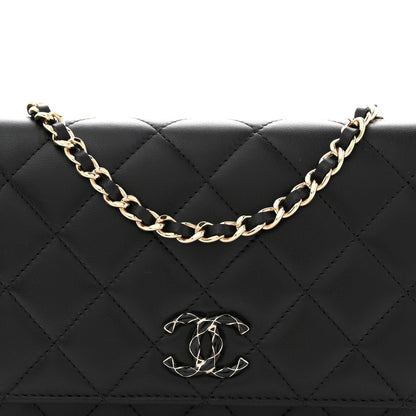 Lambskin Quilted Enamel CC Wallet On Chain WOC Black