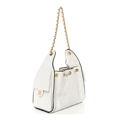 Braided Raffia Calfskin Quilted Small Chanel 25 Handbag White Black