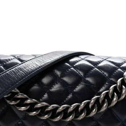 Glazed Calfskin Quilted Medium Boy Chained Flap Blue