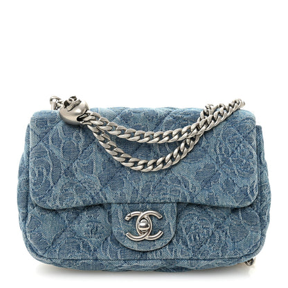 Denim Quilted Camellia Sweetheart Mini Rectangular Flap Blue