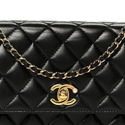 Shiny Lambskin Quilted CC Pearl Wallet on Chain WOC Black