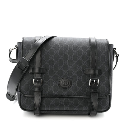 GG Supreme Monogram Textured Dollar Calfskin Retro Interlocking G Flap Messenger Bag Black