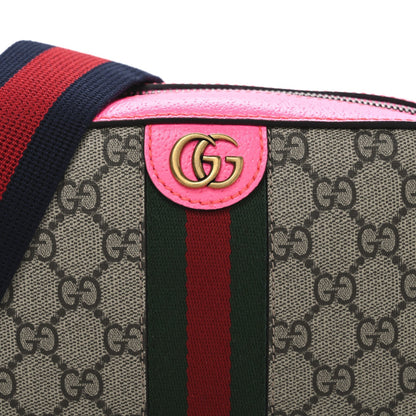 GG Supreme Monogram Textured Dollar Calfskin Web Ophidia Small Crossbody Bag Beige Ebony Fuchsia