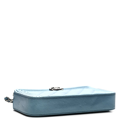 Metallic Caviar Quilted Small Boy Clutch With Chain Turquoise