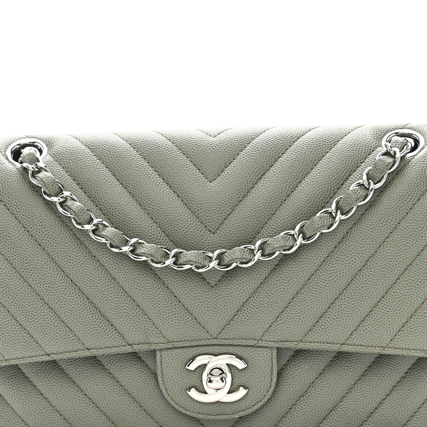 Caviar Chevron Quilted Medium Double Flap  Green