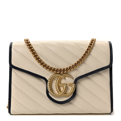 Vintage Effect Calfskin Matelasse Diagonal Torchon GG Marmont Chain Wallet Mystic White Blue Agata