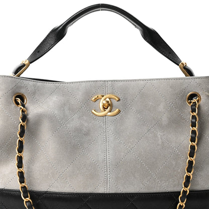 Suede Calfskin Shiny Lambskin Quilted Small Coco Base Shopping Bag Grey Black