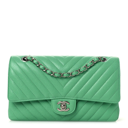 Caviar Chevron Quilted Medium Double Flap Green