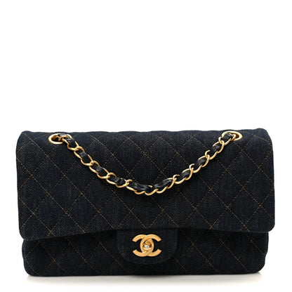 Denim Quilted Medium Double Flap Dark Blue