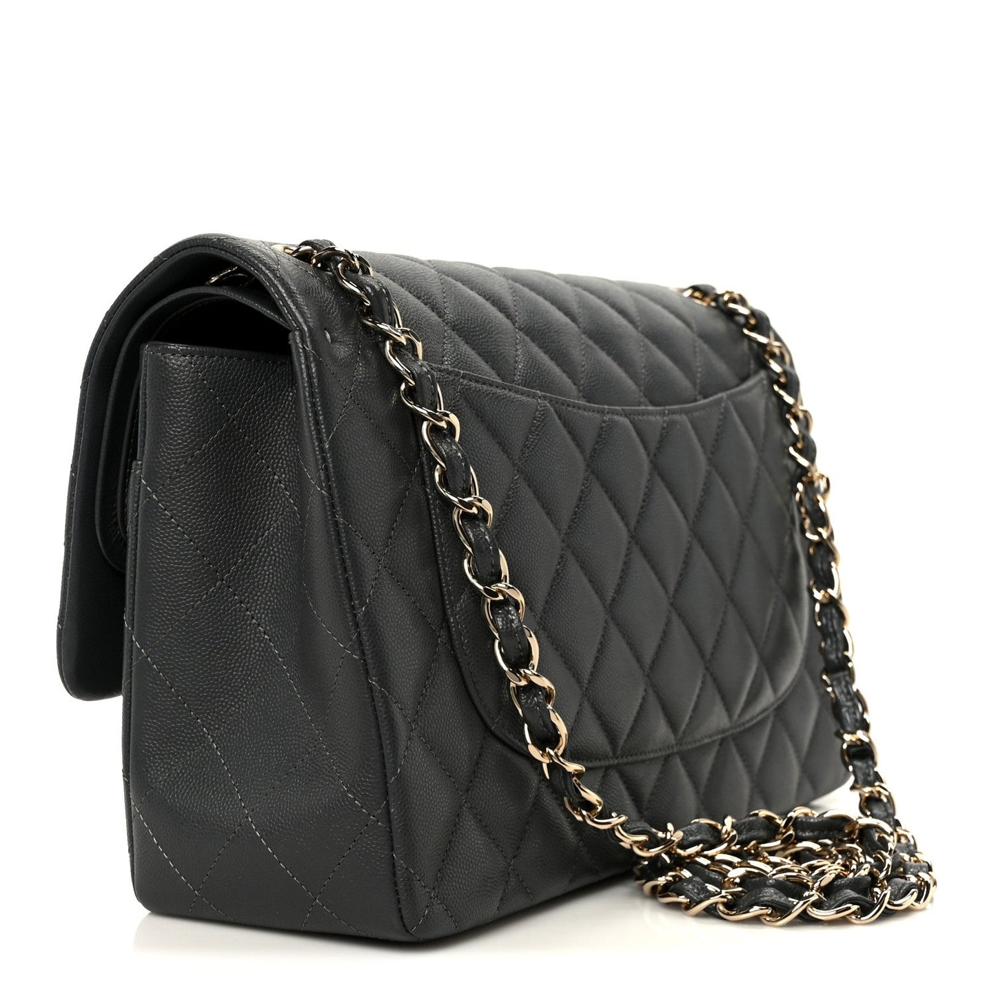 Caviar Quilted Jumbo Double Flap Dark Grey
