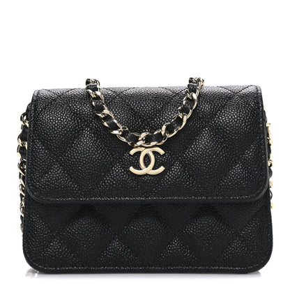 Caviar Quilted Mini Ribbon Wallet On Chain WOC Black