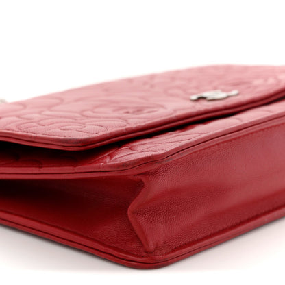 Lambskin Camellia Embossed Wallet On Chain WOC Red