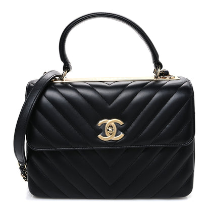 Lambskin Chevron Quilted Small Trendy CC Flap Dual Handle Bag Black
