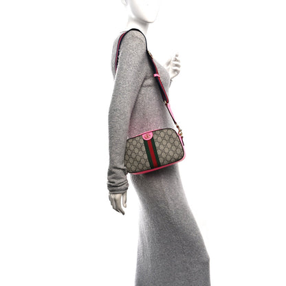 GG Supreme Monogram Textured Dollar Calfskin Web Ophidia Small Crossbody Bag Beige Ebony Fuchsia