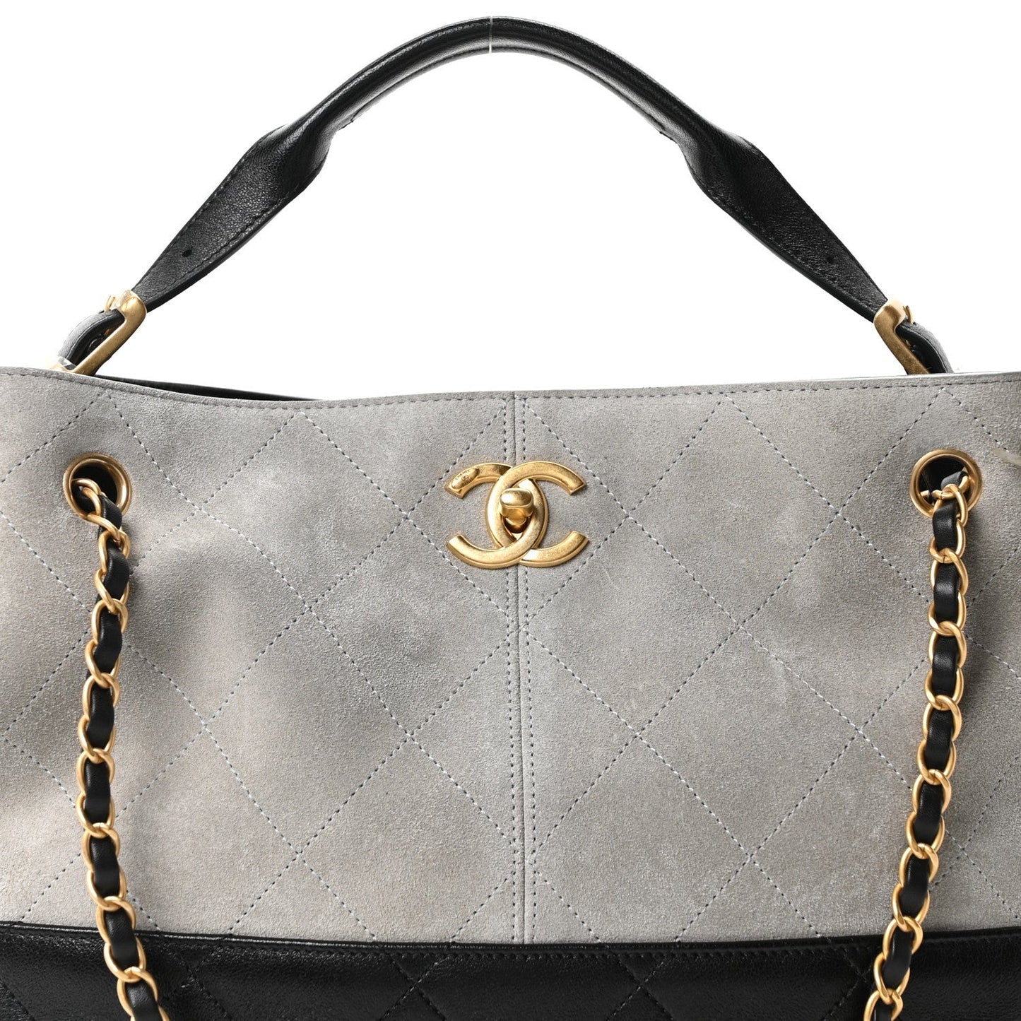 Suede Calfskin Shiny Lambskin Quilted Small Coco Base Shopping Bag Grey Black