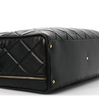 Shiny Grained Calfskin Quilted Large Travel Bowling Bag Black