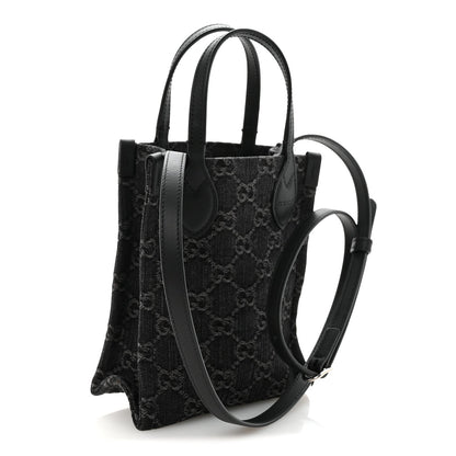 Denim Cuoio Harness GG Monogram Mini Ophidia Tote Bag  Black Medium Grey