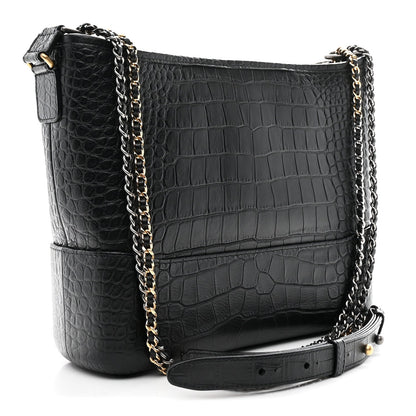 Crocodile Embossed Calfskin Medium Gabrielle Cocodile Hobo Black