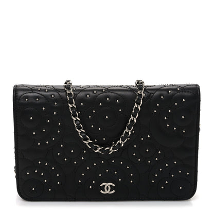 Lambskin Camellia Studded Wallet on Chain WOC Black