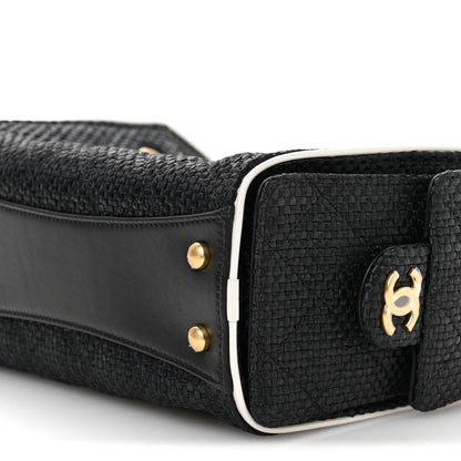 Braided Raffia Calfskin Quilted Mini Chanel 25 Handbag Black White