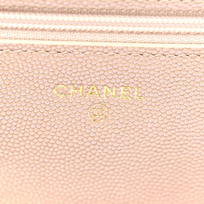 Iridescent Caviar Quilted Wallet on Chain WOC Beige