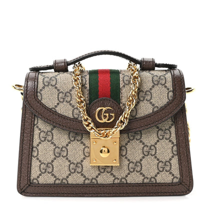 GG Supreme Monogram Textured Dollar Calfskin Web Mini Ophidia Padlock Top Handle Chain Shoulder Bag Beige Ebony New Acero