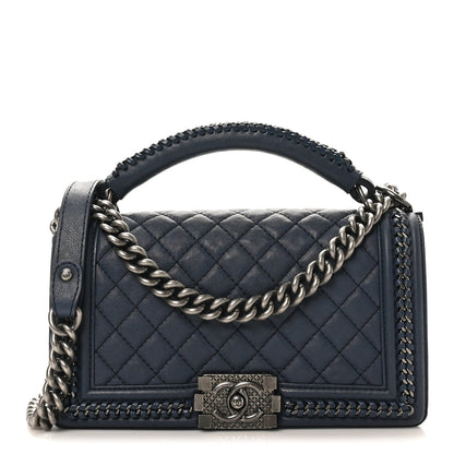 Calfskin Quilted Medium Top Handle Boy Flap Blue