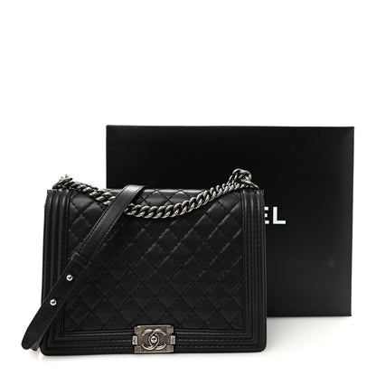Calfskin Double Stitch Large Boy Flap Black