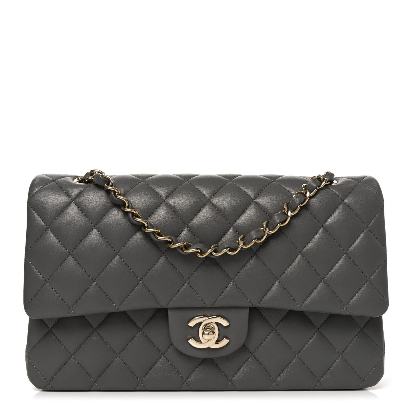 Lambskin Quilted Medium Double Flap Grey
