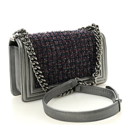 Tweed Metallic Lambskin Medium Boy Flap Silver