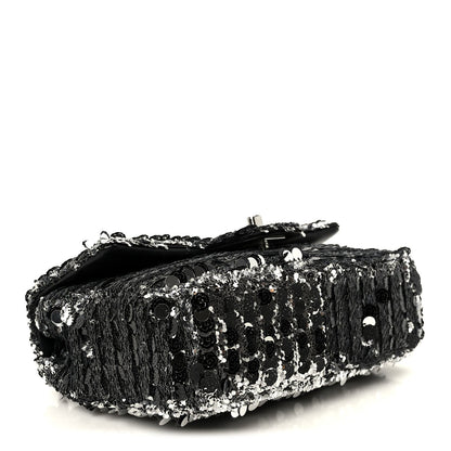 Sequin Camellia Small Single Flap Silver Black
