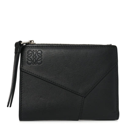 Calfskin Puzzle Zip Slim Compact Bi-Fold Wallet Black
