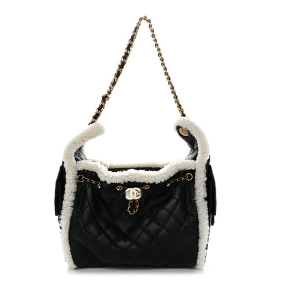 Crumpled Sheepskin Shearling Quilted Small Chanel 25 Handbag Black White