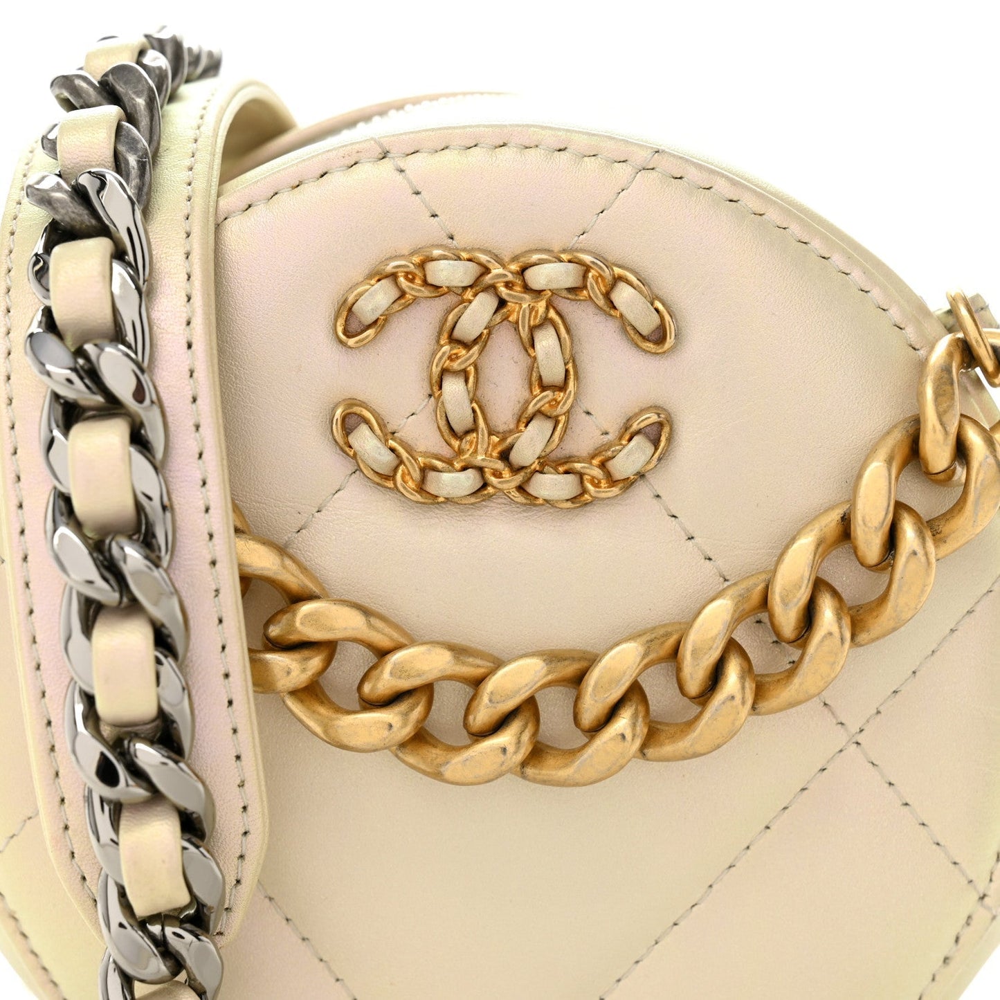Iridescent Calfskin Quilted Chanel 19 Round Clutch With Chain White