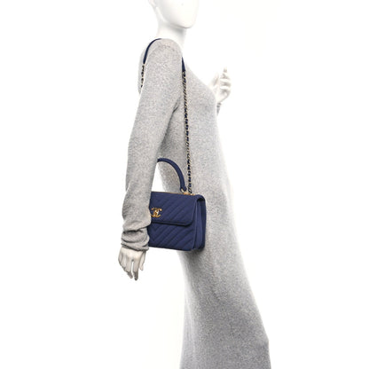 Jersey Chevron Quilted Small Trendy CC Dual Handle Flap Bag Navy Blue