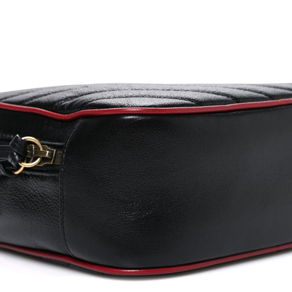 Vintage Effect Calfskin Matelasse Diagonal Small Torchon GG Marmont Bamboo Top Handle Shoulder Bag Black Romantic Cherry