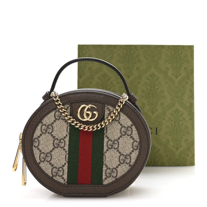 GG Supreme Monogram Top Handle Web Mini Ophidia Round Shoulder Bag Brown