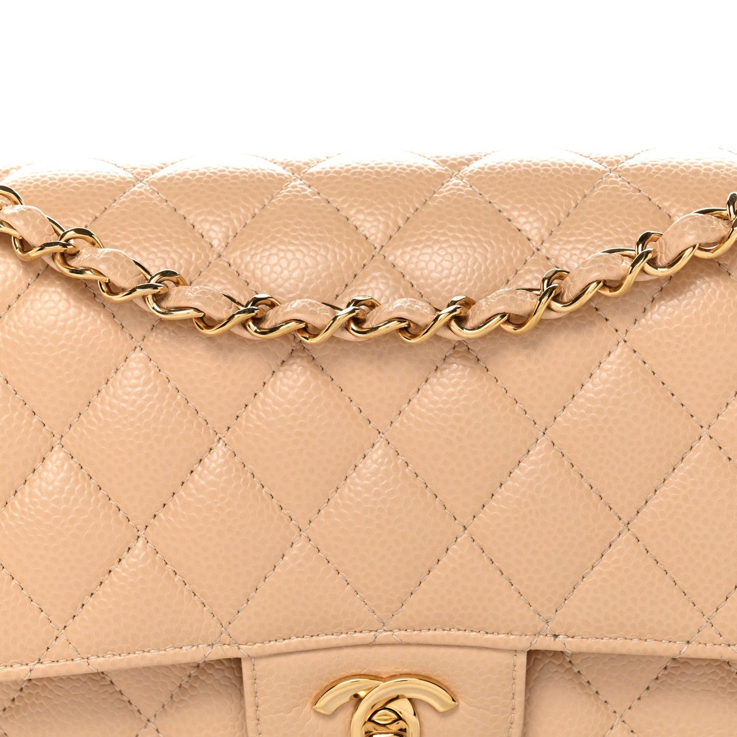 Caviar Quilted Medium Double Flap Beige
