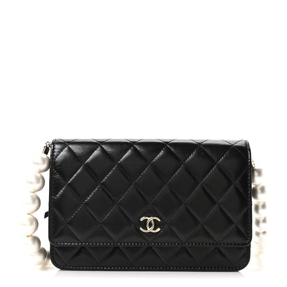Calfskin Quilted Maxi Pearl Wallet On Chain WOC Black