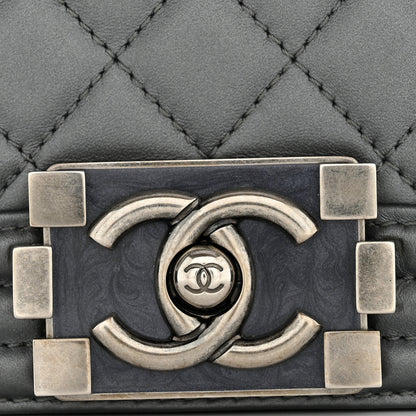 Metallic Calfskin Quilted Small Boy Flap Dark Silver