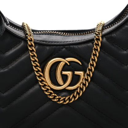 Calfskin Matelasse Chevron Mini GG Marmont Half Moon Hobo Black