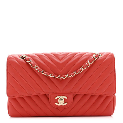 Lambskin Chevron Quilted Medium Double Flap Red