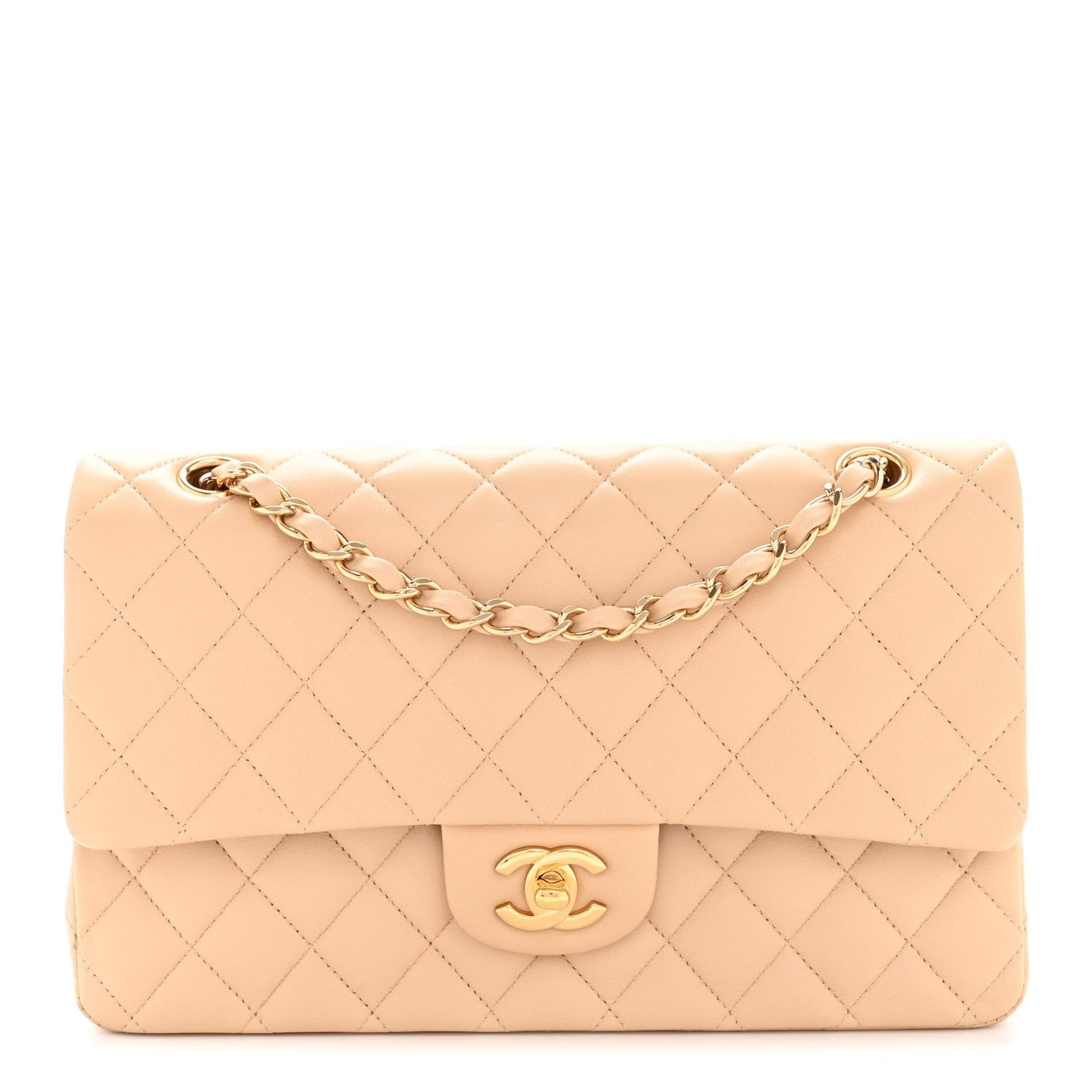 Lambskin Quilted Medium Double Flap Beige