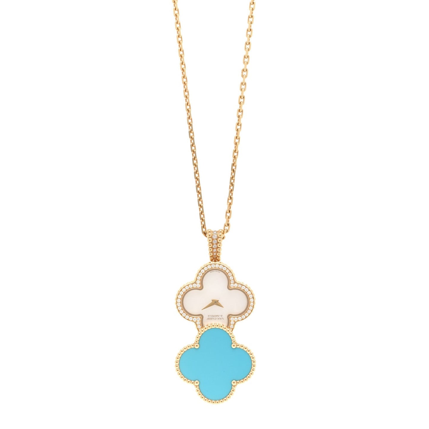 18K Yellow Gold Diamond Turquoise Mother of Pearl 28mm Alhambra Secret Pendant Quartz Watch